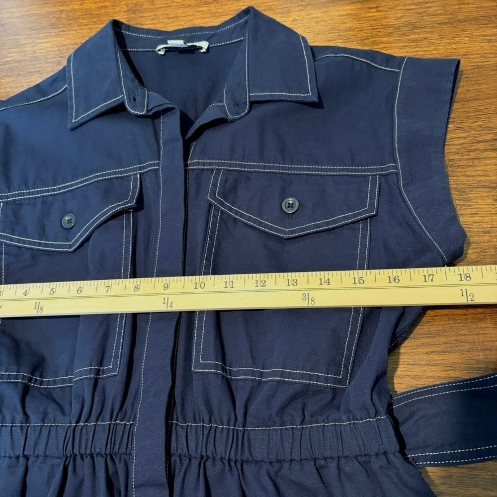 Women's Navy Blue Utility Midi Button Up Shirt Dress White Stitch Small Cotton - Picture 10 of 15